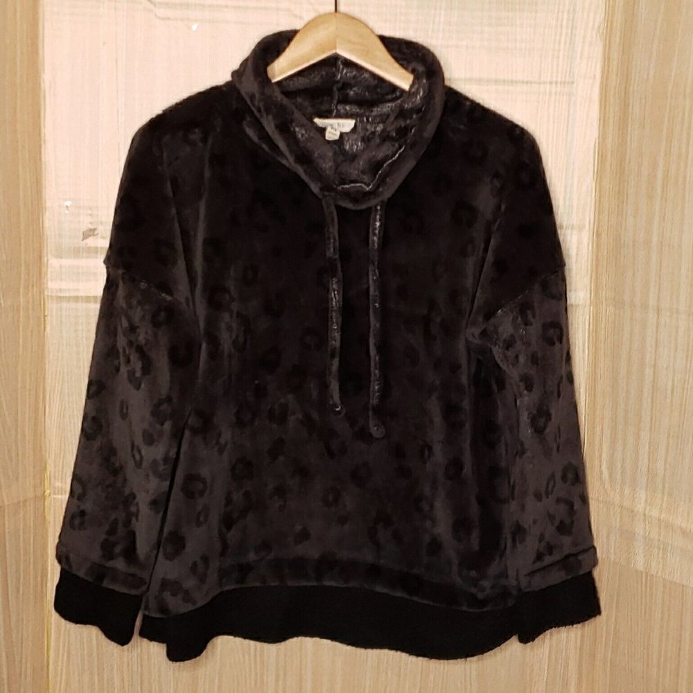 Como Blue Womens Grey Black Plush Leopard Funnel Neck Sweatshirt Small